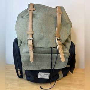 Eddie Bauer‎ First Adventure Backpack Khaki Black Canvas Leather Accents
